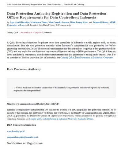 Data Protection Authority Registration and Data Protection Officer Requirements for Data Controllers: Indonesia
